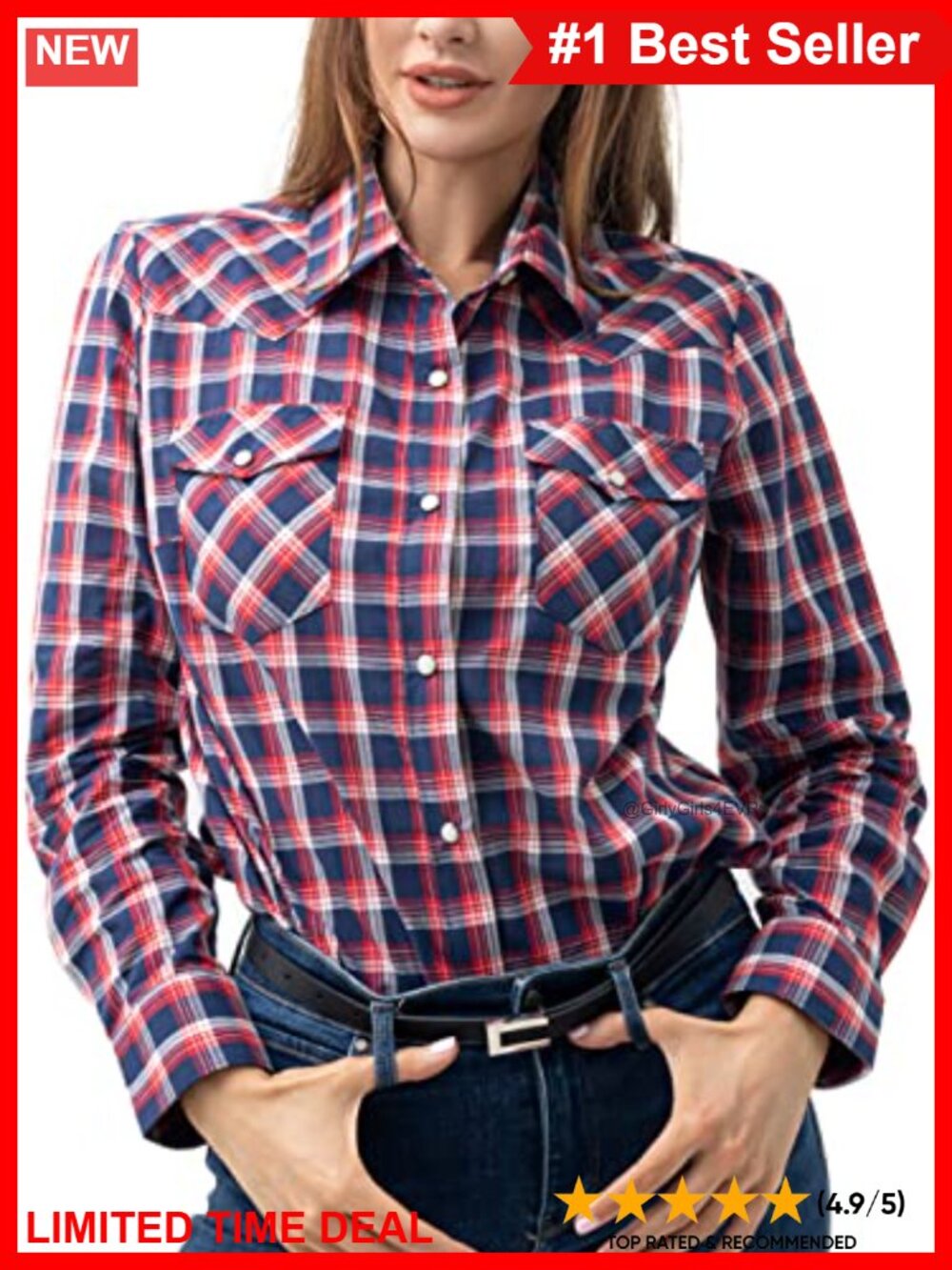Cotton Western Button Down Shirt Long Sleeve Snap Plaid Women
